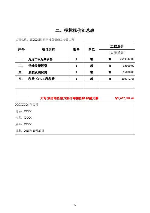 厨房设备工程量报价清单