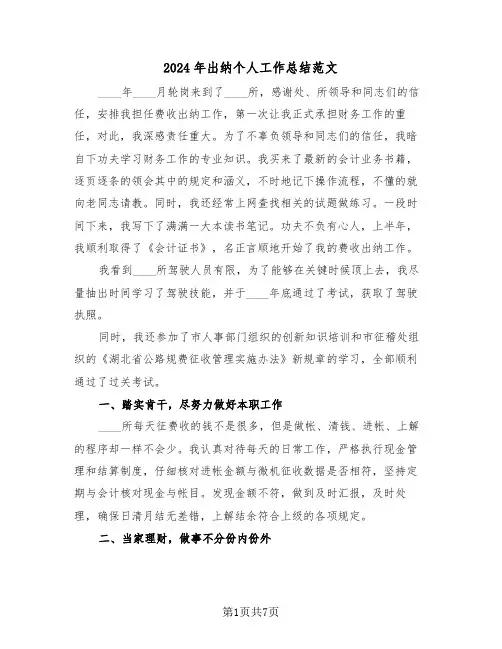 2024年出纳个人工作总结范文(3篇)