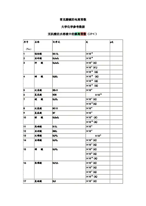 酸碱的电离常数(解离常数)
