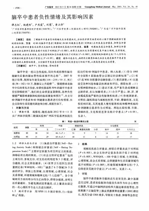 脑卒中患者负性情绪及其影响因素