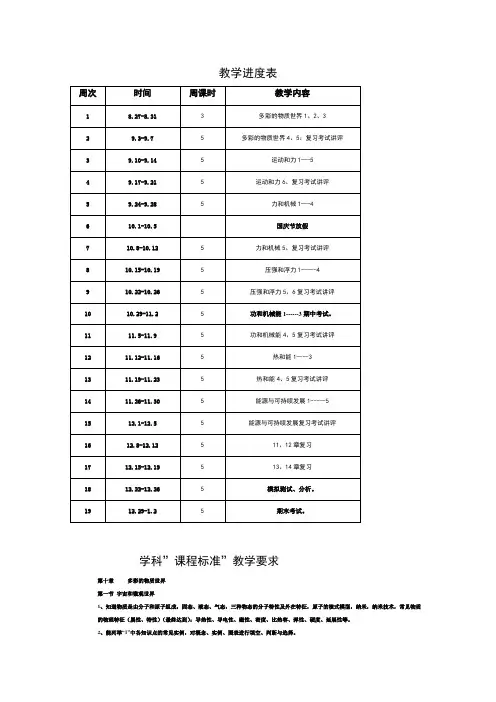 九年级物理教学进度表