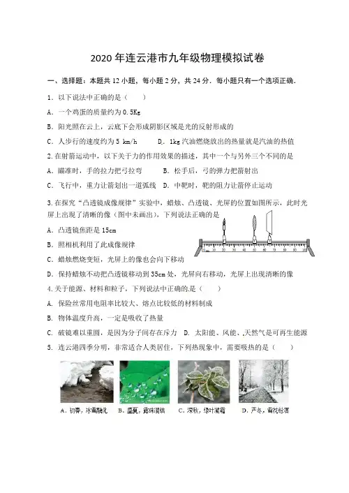 江苏省连云港市赣榆区2020年九年级中考模拟物理试卷  无答案