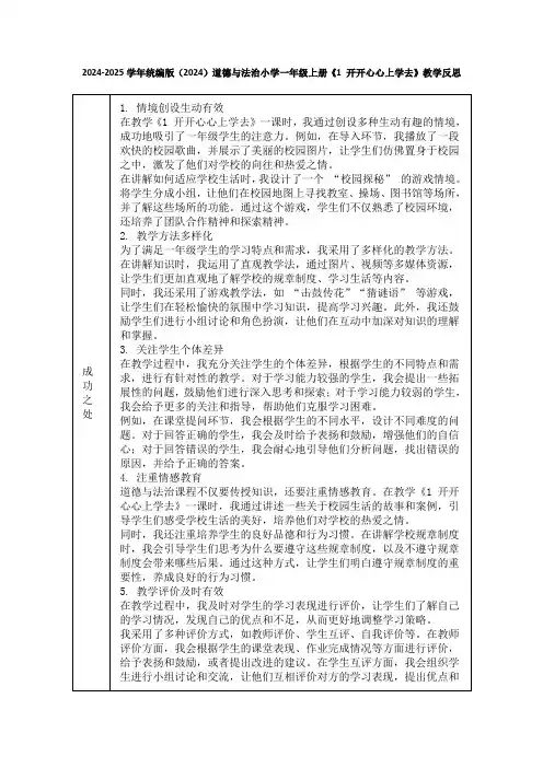 2024-2025学年统编版(2024)道德与法治小学一年级上册《1 开开心心上学去》教学反思