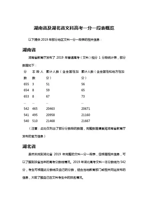 湖南省及湖北省文科高考一分一段表概览
