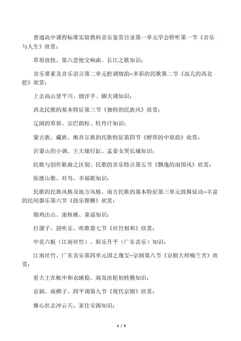 高中音乐鉴赏目录表(人教版)