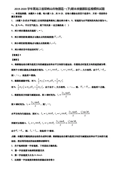 2019-2020学年黑龙江省双鸭山市物理高一(下)期末质量跟踪监视模拟试题含解析