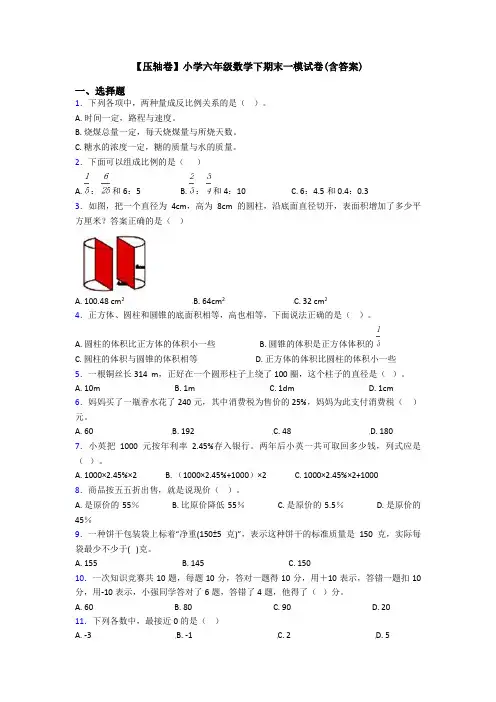 【压轴卷】小学六年级数学下期末一模试卷(含答案)