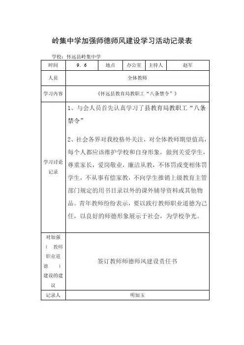 岭集中学加强师德师风建设学习活动记录表