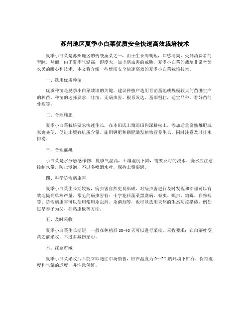 苏州地区夏季小白菜优质安全快速高效栽培技术