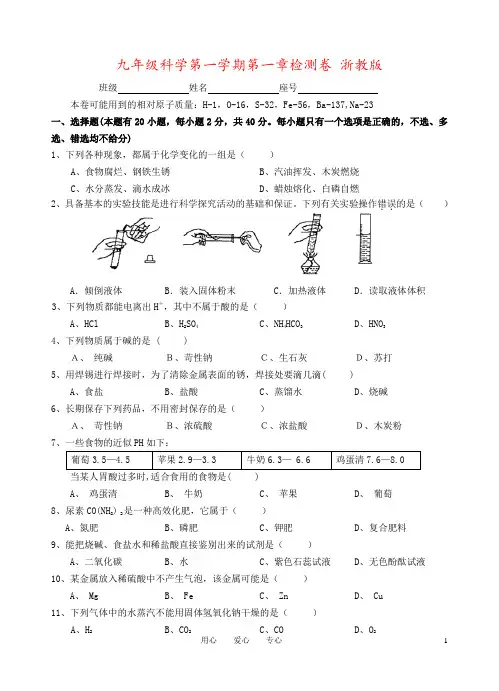 九年级科学第一学期第一章检测卷 浙教版