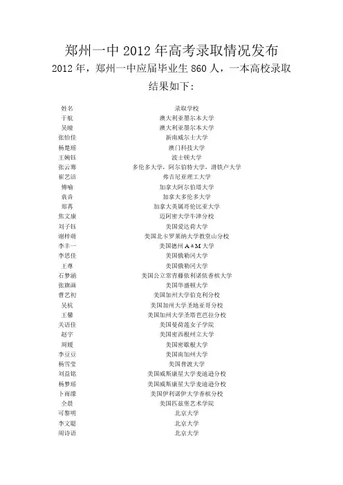 郑州一中2012年高考录取情况发布