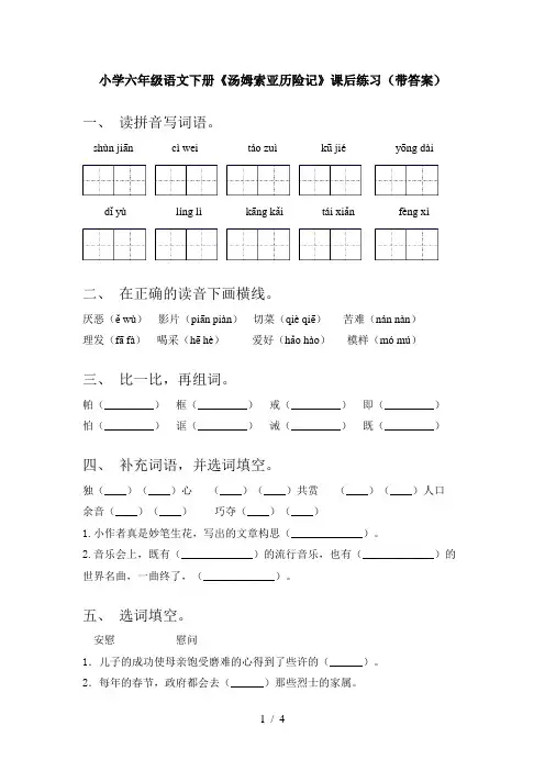 小学六年级语文下册《汤姆索亚历险记》课后练习(带答案)