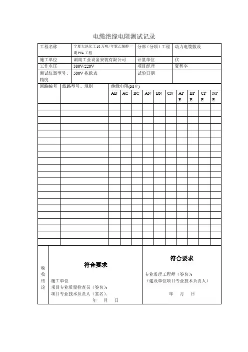 电缆绝缘电阻测试记录.