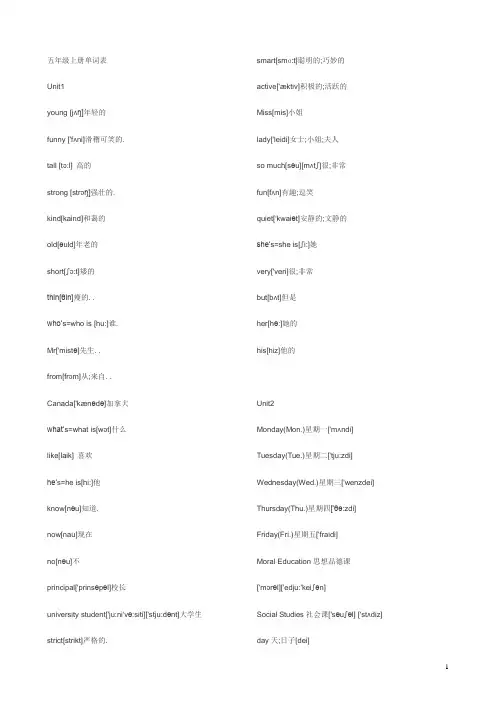 PEP五年级上册英语单词(带音标)