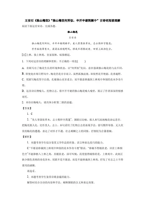 王安石《独山梅花》“独山梅花何所似,半开半谢荆棘中”古诗词阅读理解