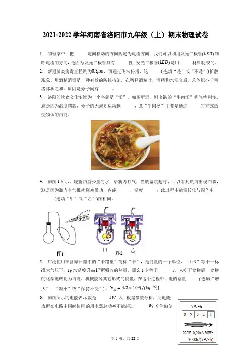 2021-2022学年河南省洛阳市九年级(上)期末物理试卷(含详细答案解析)