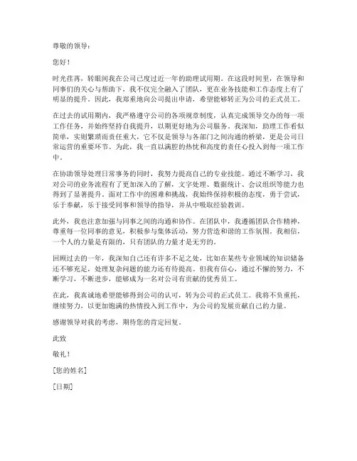 助理转正工作申请书范文