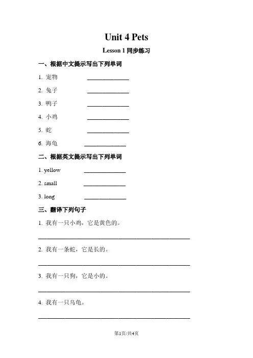 三年级上册英语同步练习 unit 4 pets lesson 1 练习人教新起点