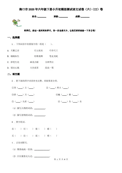 海口市2020年六年级下册小升初模拟测试语文试卷(六)(II)卷