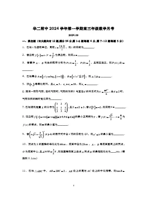 2024-2025学年上海华二附中高三上学期数学月考试卷及答案(2024.09)