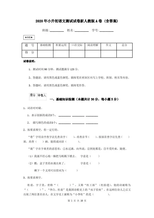 2020年小升初语文测试试卷新人教版A卷 (含答案)