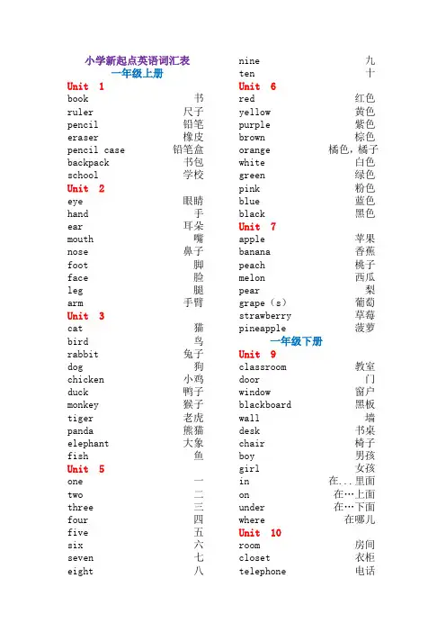 小学新起点英语1至6年级词汇表
