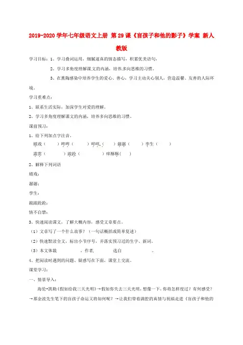 2019-2020学年七年级语文上册 第29课《盲孩子和他的影子》学案 新人教版.doc