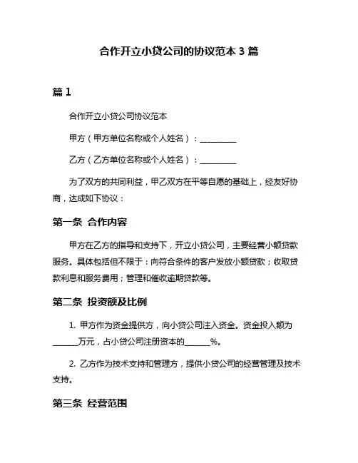 合作开立小贷公司的协议范本3篇