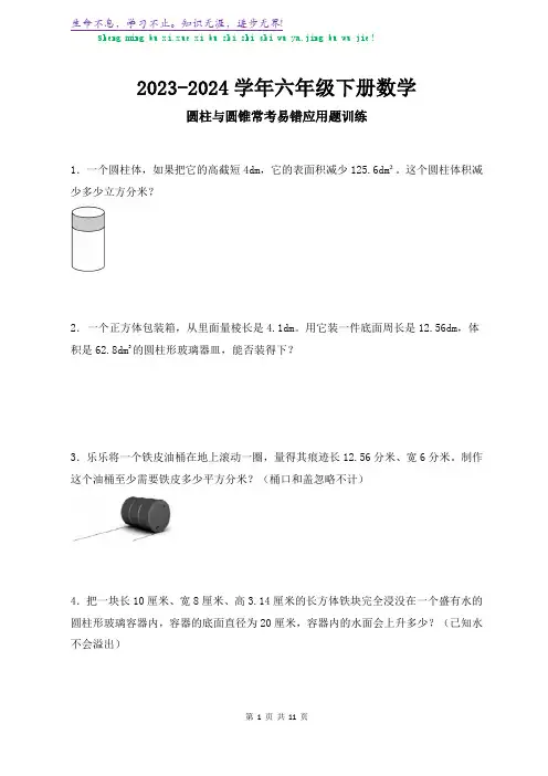 2023-2024学年人教版六年级数学下册圆柱与圆锥常考易错应用题训练(附参考答案)