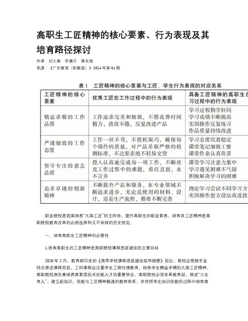 高职生工匠精神的核心要素、行为表现及其培育路径探讨