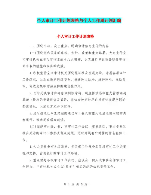个人审计工作计划表格与个人工作周计划汇编.doc