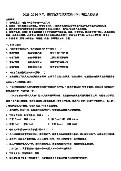 2023-2024学年广东省汕头市龙湖实验中学中考语文模试卷含解析