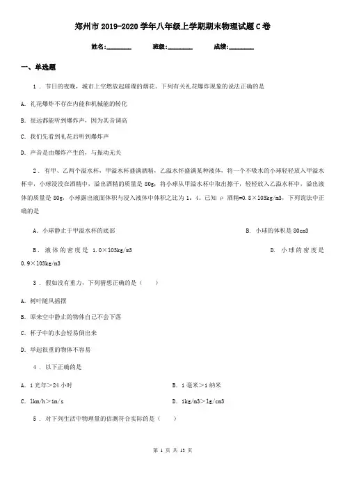 郑州市2019-2020学年八年级上学期期末物理试题C卷