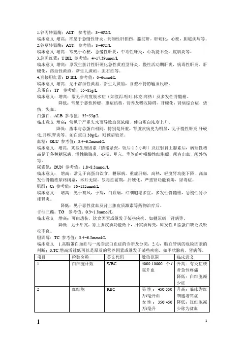 生化及血常规参考值及临床意义