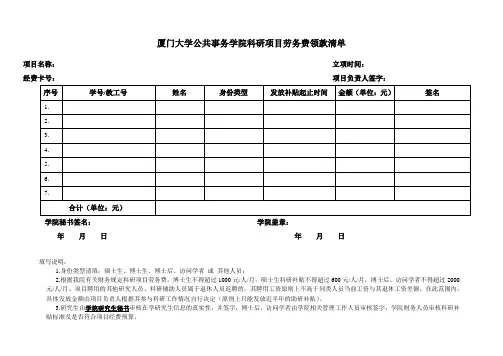 厦门大学公共事务学院科研项目劳务费领款清单