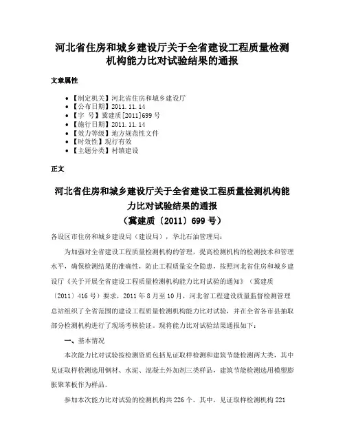 河北省住房和城乡建设厅关于全省建设工程质量检测机构能力比对试验结果的通报