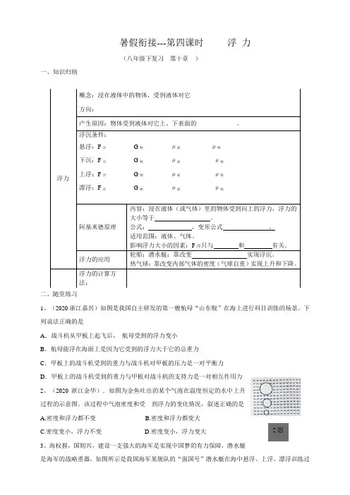 八年级科学(物理)暑假衔接(第4课时)---复习八年级下第十章    浮力