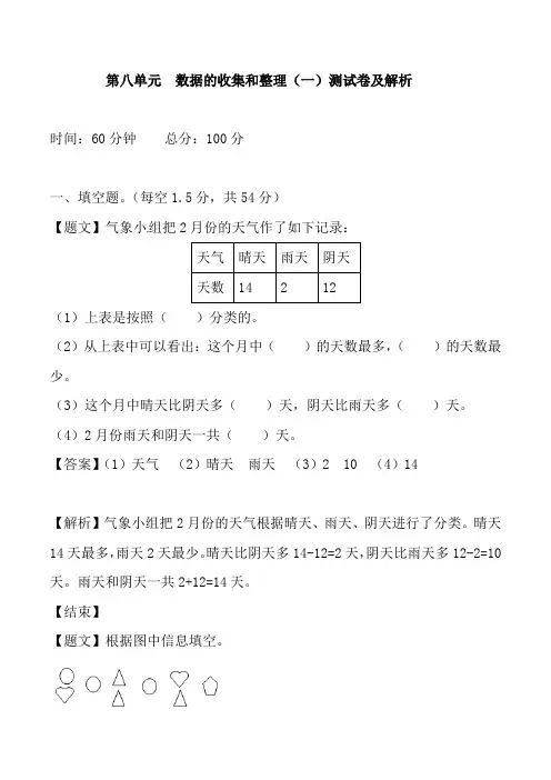 苏教版二年级数学下册第八单元测试题