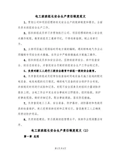 电工班班组长安全生产责任制度范文（2篇）