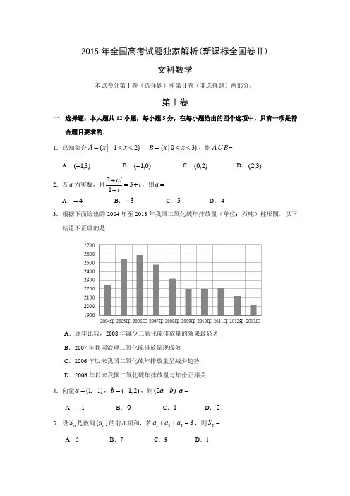2015年高考新课标全国卷Ⅱ文科数学试题(附答案)