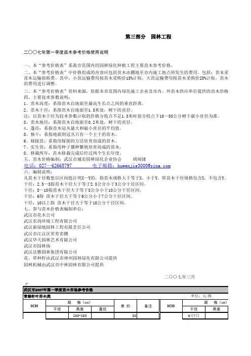 园林工程材料单价2007年6月
