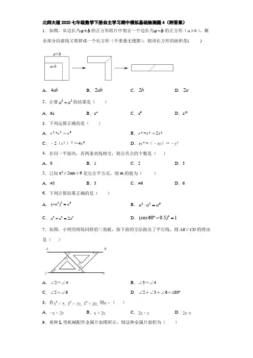 北师大版2020七年级数学下册自主学习期中模拟基础检测题4(附答案)