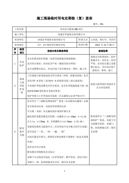 施工现场临时用电检查表【范本模板】