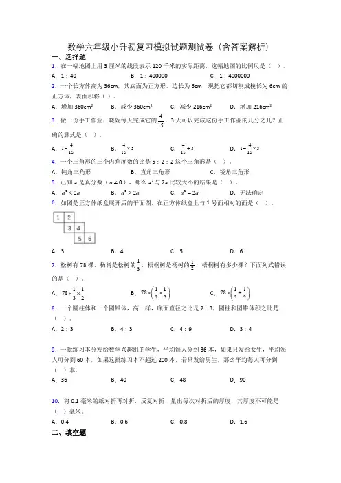 数学六年级小升初复习模拟试题测试卷(含答案解析)