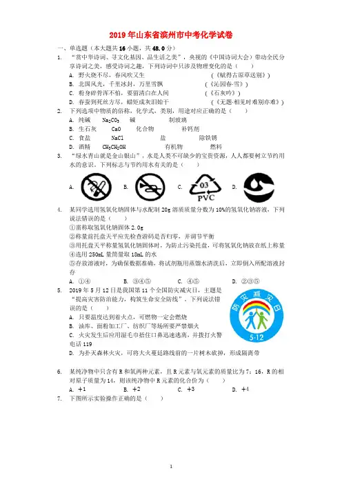(化学中考真题)2019年山东省滨州市中考化学试题(word版含答案解析)