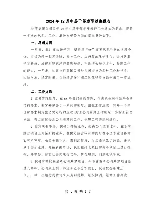 2024年12月中层干部述职述廉报告（2篇）