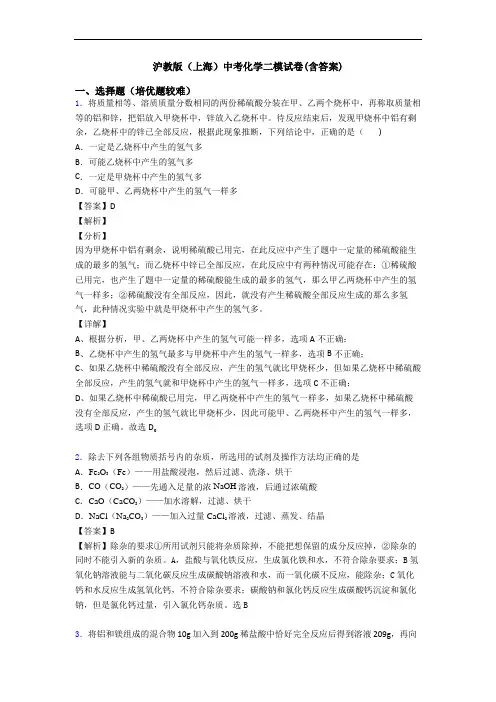 沪教版(上海)中考化学二模试卷(含答案)