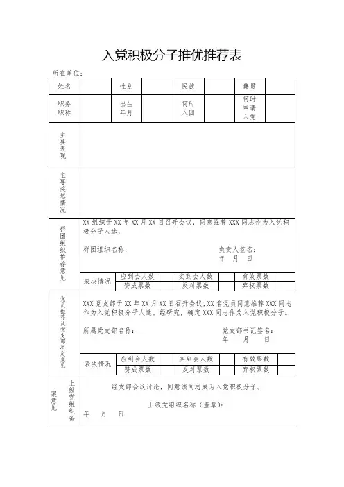 发展党员-入党积极分子推优推荐表