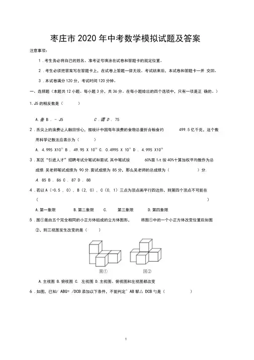枣庄市2020年中考数学模拟试题及答案