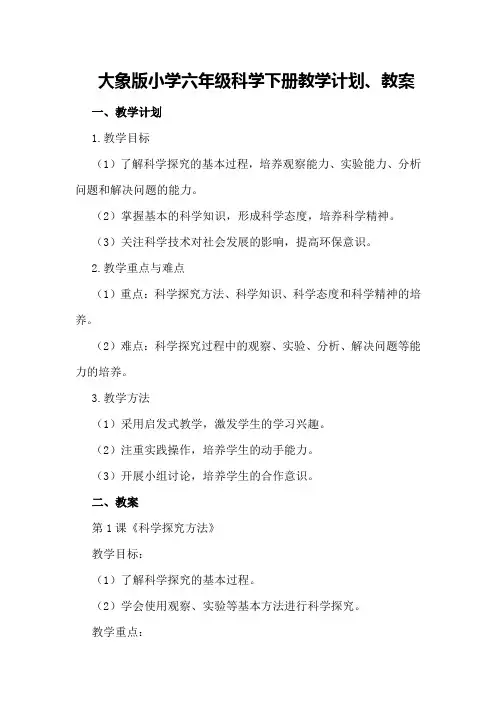 大象版小学六年级科学下册教学计划、教案